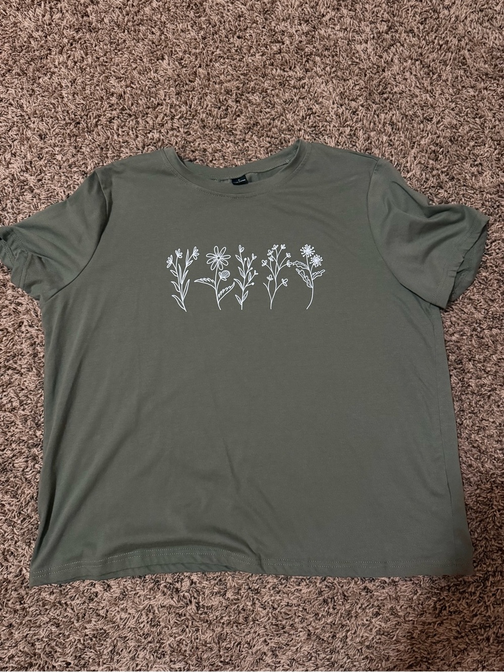 SHEIN Olive Green Short Sleeve Tee with White Floral Line Art